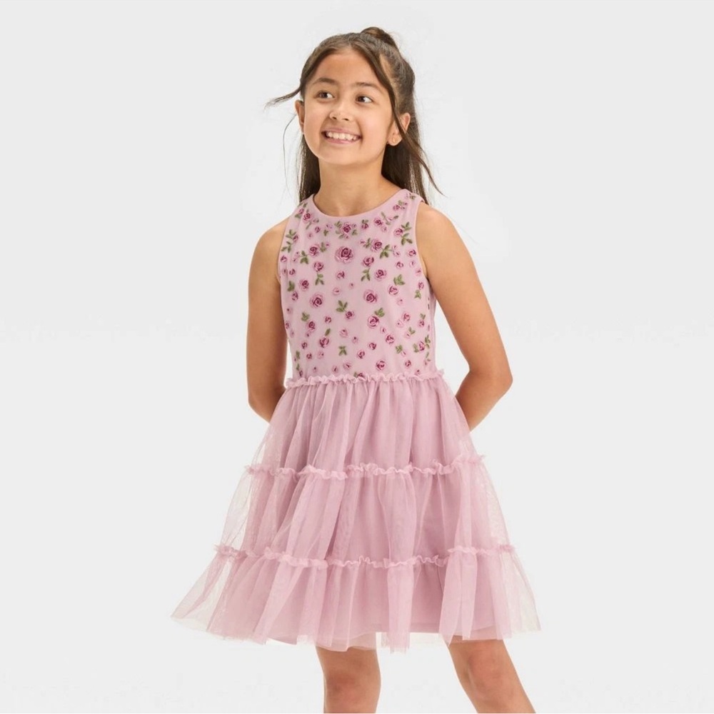 Cat & Jack Girls' Sleeveless Embroidered Tiered Dress - Light Purple, XS (4/5)